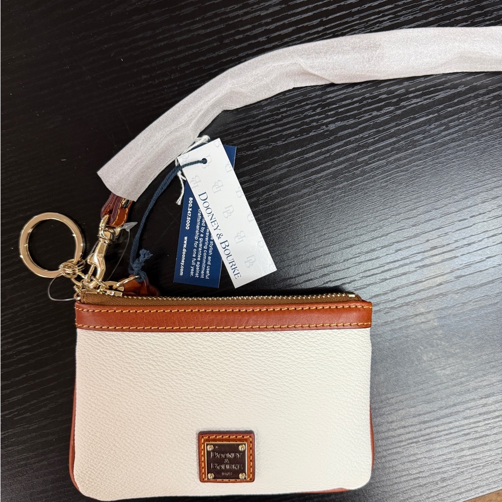 Dooney & Bourke Cream and Brown Leather Wristlet Key Pouch with Gold Hardware